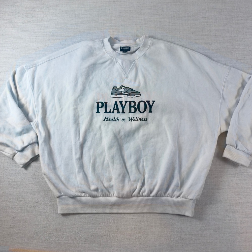Playboy PacSun Health Wellness Crewneck Sweatshirt White Graphic Pullover Med